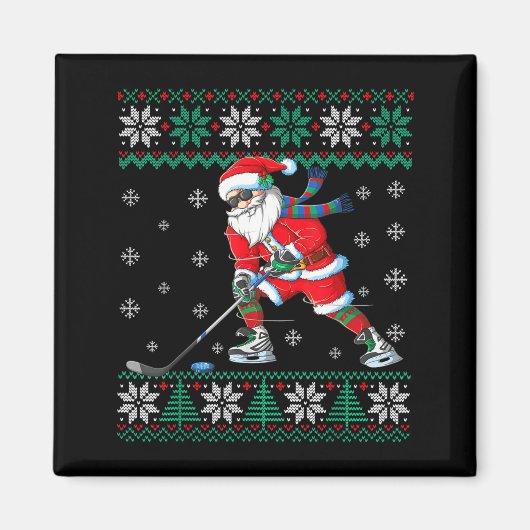 Funny Santa Claus Christmas Ice Hockey Ugly Sweate Magneet (Voorkant)