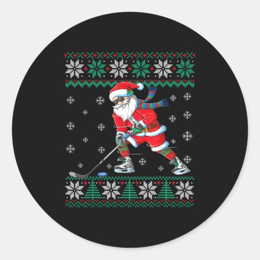 Funny Santa Claus Christmas Ice Hockey Ugly Sweate Ronde Sticker (Voorkant)