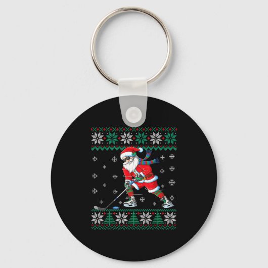 Funny Santa Claus Christmas Ice Hockey Ugly Sweate Sleutelhanger (Voorkant)