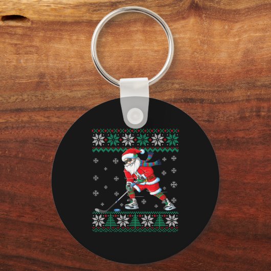 Funny Santa Claus Christmas Ice Hockey Ugly Sweate Sleutelhanger (Voorkant)
