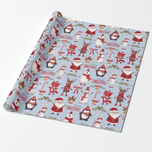 Funny Santa Claus & Cute KerstAnimals  Cadeaupapier (Uitgerold)