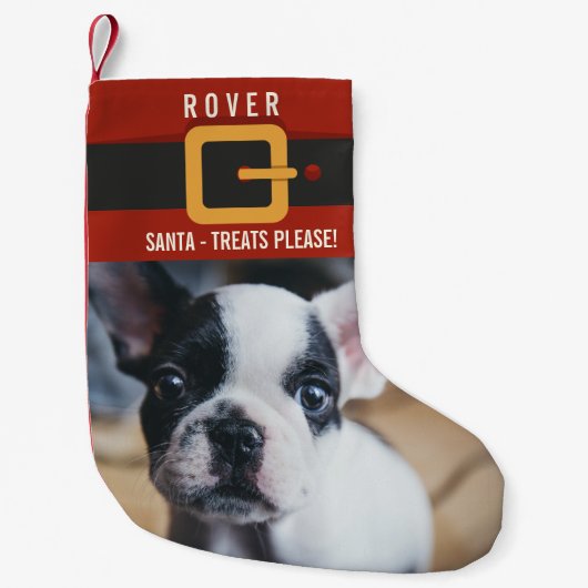 Funny Santa Claus Dog Foto en naam gepersonaliseer Kleine Kerstsok (Voorkant)