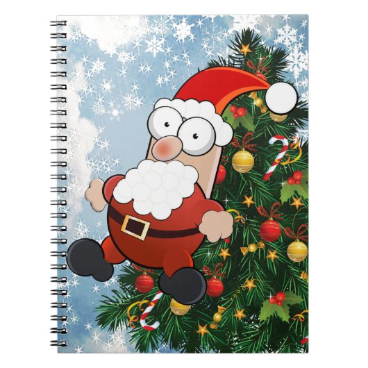 Funny santa claus en versierde kerstboom notitieboek (Voorkant)