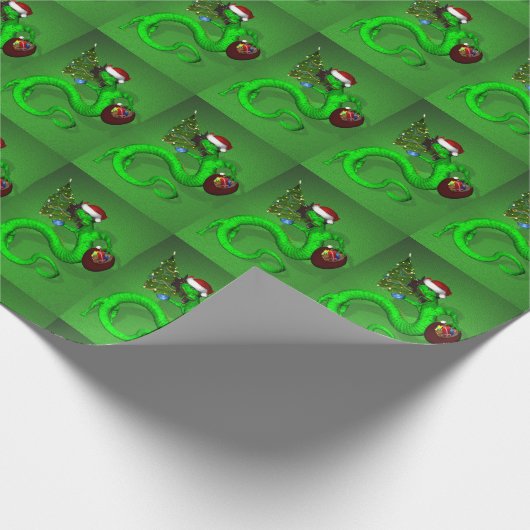 Funny Santa Claus Green Dragon Cadeaupapier (Hoek)