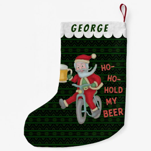 Funny Santa Claus houdt m'n kerstHumor vast. Kleine Kerstsok (Achterkant)