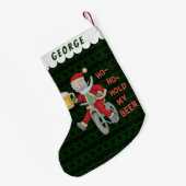 Funny Santa Claus houdt m'n kerstHumor vast. Kleine Kerstsok (Achterkant (Hangend))