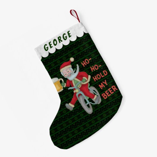 Funny Santa Claus houdt m'n kerstHumor vast. Kleine Kerstsok (Achterkant (Hangend))