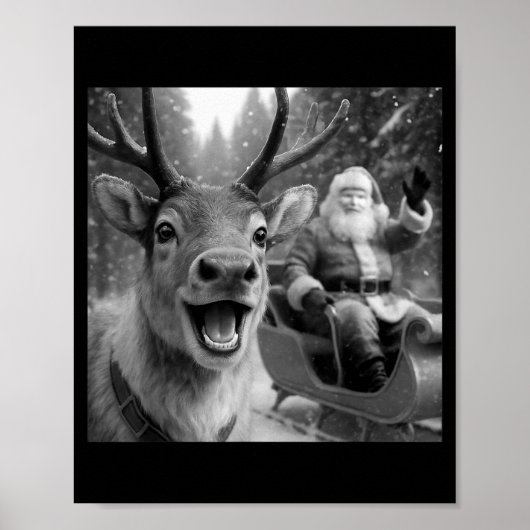 Funny Santa Claus In Sleigh With Reindeer Christma Poster (Voorkant)