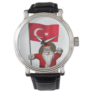 Funny Santa Claus met vlag van Turkije Horloge