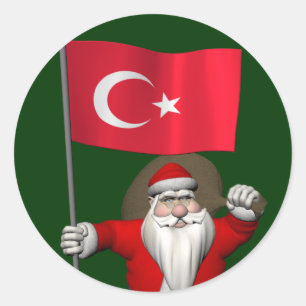 Funny Santa Claus met vlag van Turkije Ronde Sticker