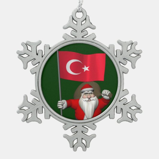 Funny Santa Claus met vlag van Turkije Tin Sneeuwvlok Ornament (Voorkant)