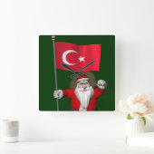 Funny Santa Claus met vlag van Turkije Vierkante Klok (Huis)
