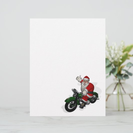 Funny Santa Claus op groene motorfiets (Staand voorkant)