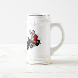 Funny Santa Claus op groene  motorfiets Bierpul