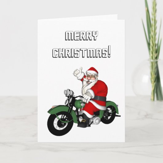 Funny Santa Claus op groene motorfiets Feestdagen Kaart (Voorkant)