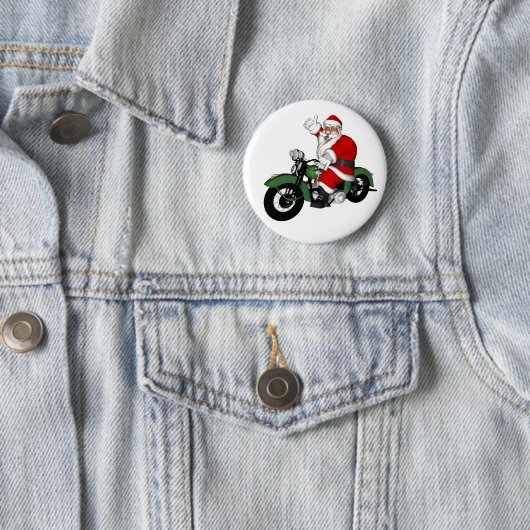Funny Santa Claus op groene  motorfiets Ronde Button 5,7 Cm (In situ)