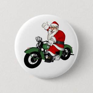 Funny Santa Claus op groene  motorfiets Ronde Button 5,7 Cm