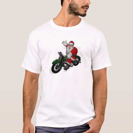 Funny Santa Claus op groene  motorfiets T-shirt (Voorkant)