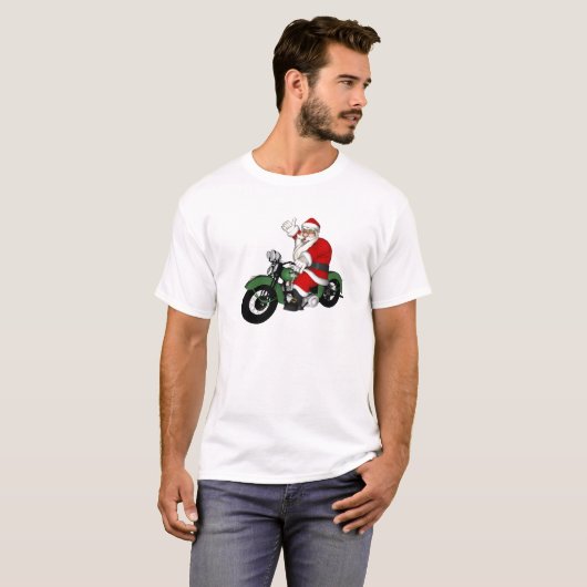 Funny Santa Claus op groene  motorfiets T-shirt (Voorkant volledig)