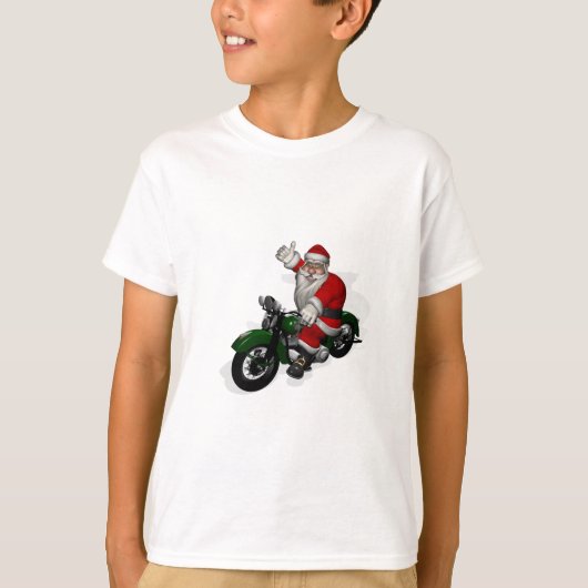 Funny Santa Claus op groene  motorfiets T-shirt (Voorkant)