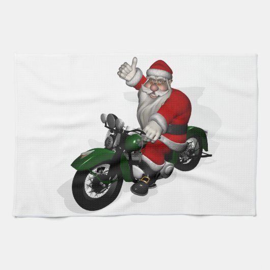 Funny Santa Claus op groene motorfiets Theedoek (Horizontaal)