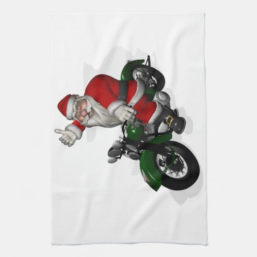 Funny Santa Claus op groene motorfiets Theedoek (Verticaal)