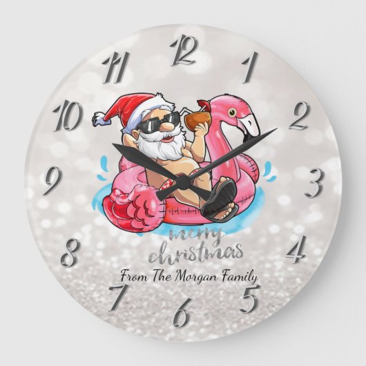 Funny Santa Claus, Pink Flamingos Christmas Grote Klok (Voorkant)