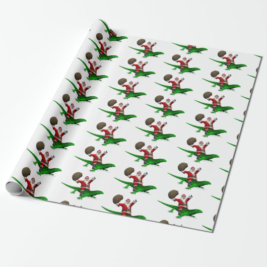 Funny Santa Claus Riding Cool Green Lizard Cadeaupapier (Uitgerold)