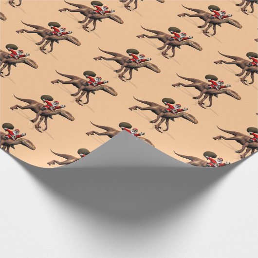 Funny Santa Claus Riding op Deinonychus Dinosaur Cadeaupapier (Hoek)