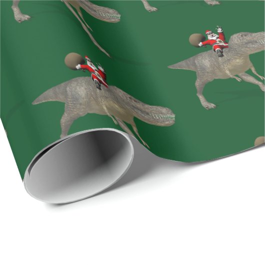 Funny Santa Claus Riding op Trex Dino Dinosaur Cadeaupapier (Rol Hoek)