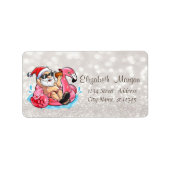 Funny Santa Claus, Roze Flamingos Glittery Boke Etiket (Voorkant)