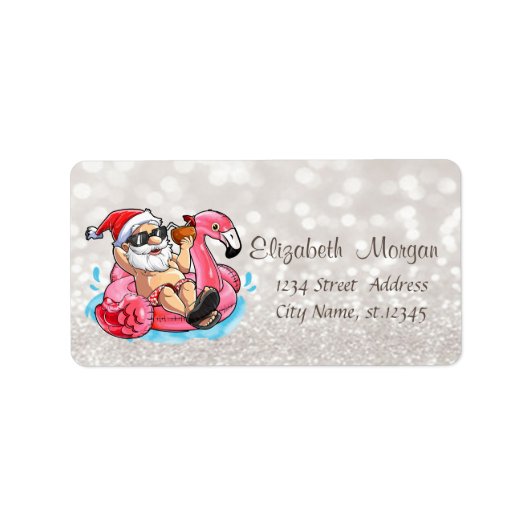Funny Santa Claus, Roze Flamingos Glittery Boke Etiket (Voorkant)