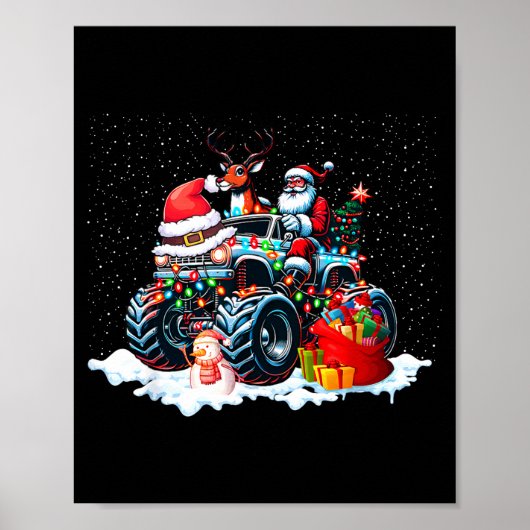Funny Santa Clause Riding Monster Red Truck Xmas T Poster (Voorkant)