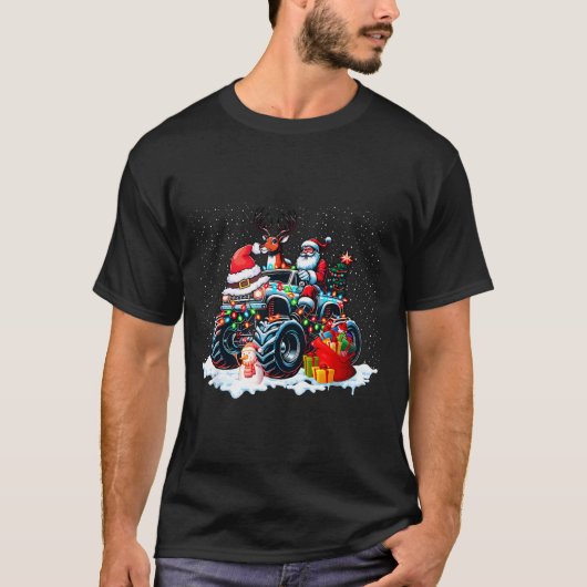 Funny Santa Clause Riding Monster Red Truck Xmas T T-shirt (Voorkant)