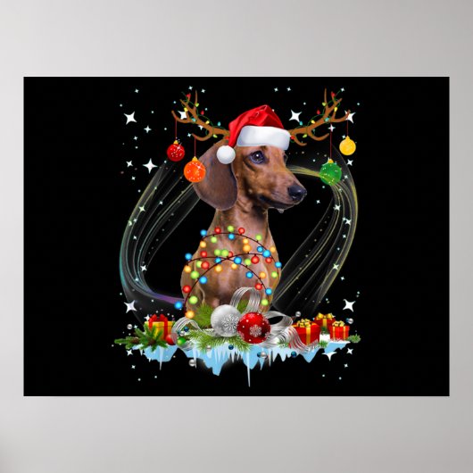 Funny Santa Dachshund Reindedarlicht Kerstmis Poster (Voorkant)