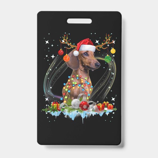 Funny Santa Dachshund Reindeer Light Christmas Badge (Voorzijde)