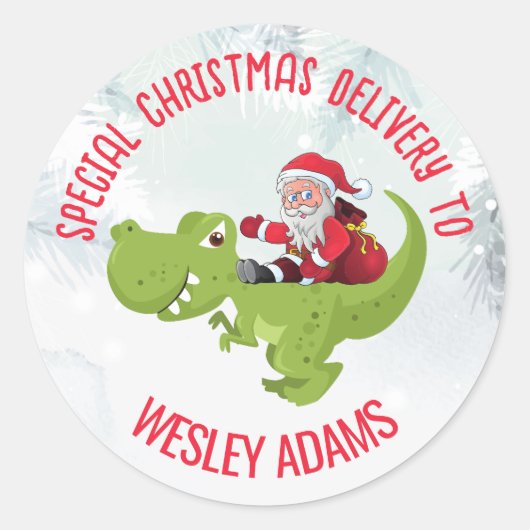 Funny Santa die een dinosaurus speciale levering g Ronde Sticker (Voorkant)