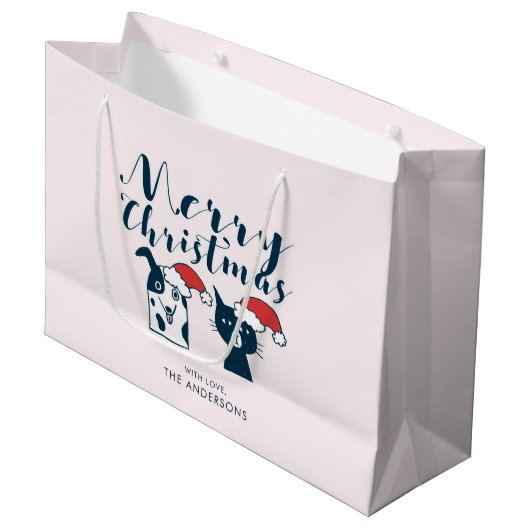 Funny Santa Dog & Cat Doodle | Vrolijk kerstfeest Groot Cadeauzakje (Voorkant Gekanteld)