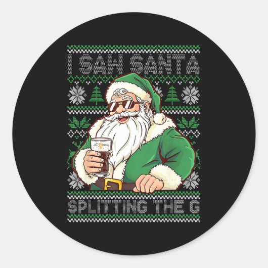 Funny Santa Drinking Beer Splitting G Christmas Ad Ronde Sticker (Voorkant)