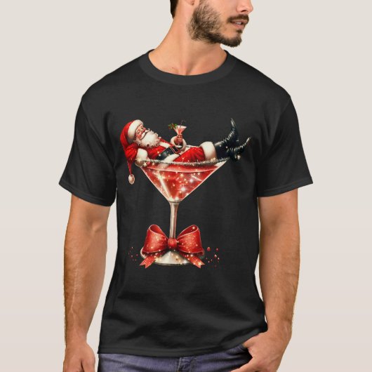 Funny Santa Drinking Martini Christmas Humor Men W T-shirt (Voorkant)