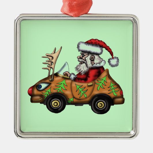 Funny Santa driver op Rudolph car-versiering Metalen Ornament (Voorkant)