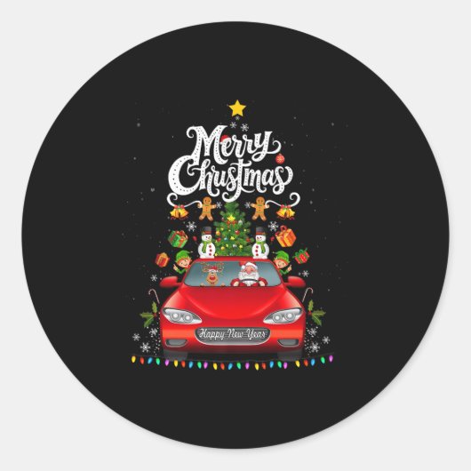 Funny Santa Driving Wagon Red Truck Christmas Tree Ronde Sticker (Voorkant)