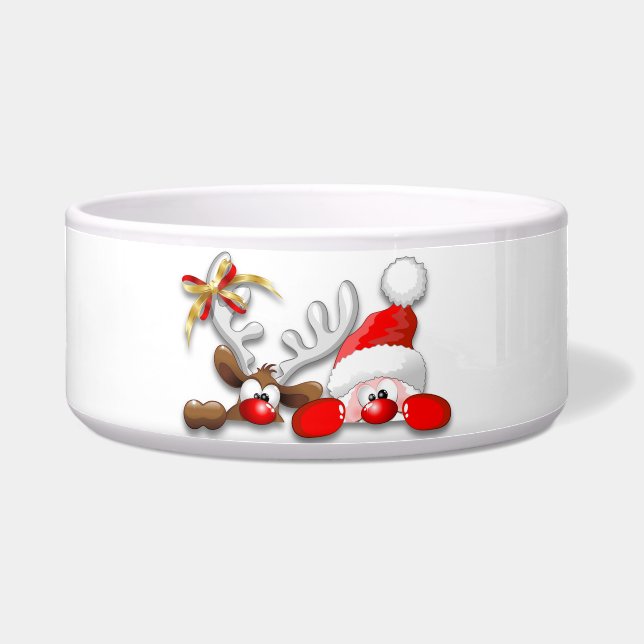 Funny Santa en Reindeer Cartoon Pet Bowl Voerbakje (Voorkant)