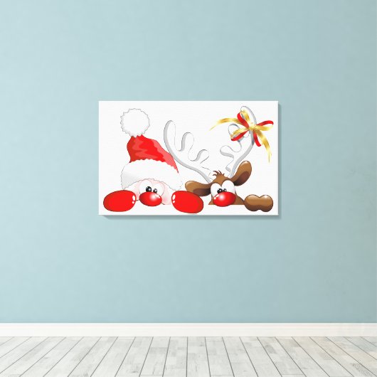 Funny Santa en rendier Cartoon Canvas Print (Insitu (Houten vloer))