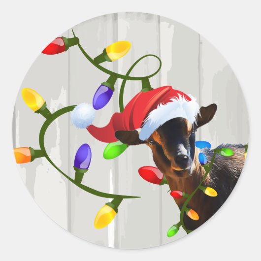 Funny Santa Goat en kerstlampjes Ronde Sticker (Voorkant)