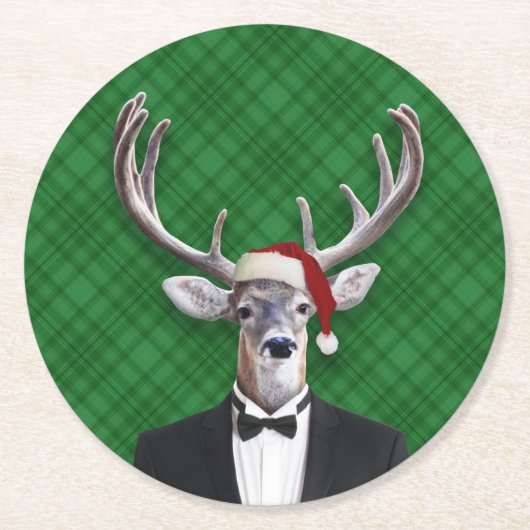 Funny Santa Hat Kerstmis Deer Green Pset Ronde Kartonnen Onderzetter (Voorkant)