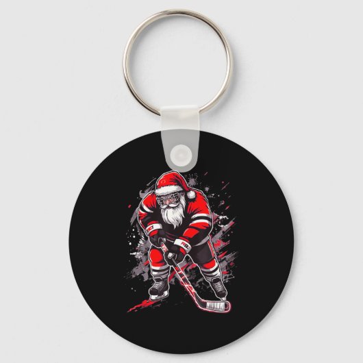 Funny Santa Hockey Christmas Retro Winter Player X Sleutelhanger (Voorkant)