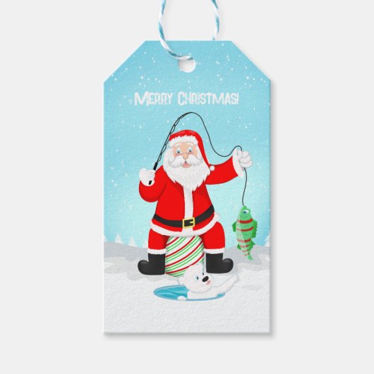 Funny Santa Ice Gevist met poolijs Beer Cadeaulabel (Voorkant)