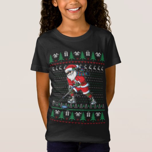 Funny Santa Ice Hockey Player Ugly Sweater Christm T-shirt (Voorkant)