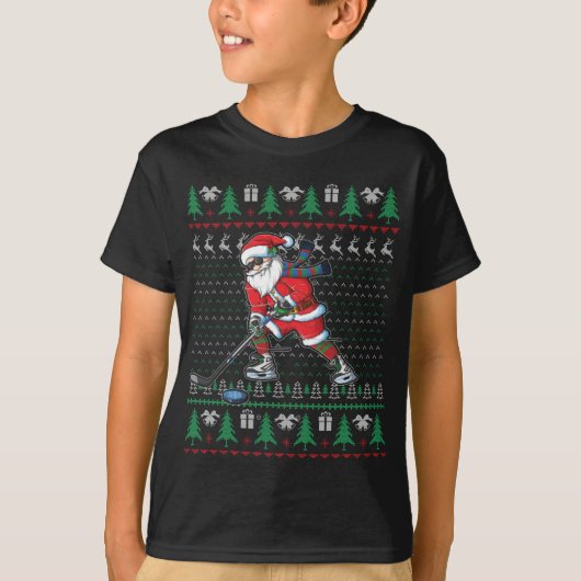 Funny Santa Ice Hockey Player Ugly Sweater Christm T-shirt (Voorkant)